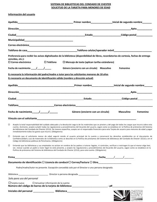 Chester County Library Card Application - Spanish 