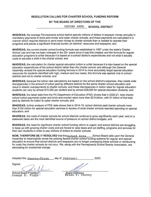 Resolution calling for charter school funding reform